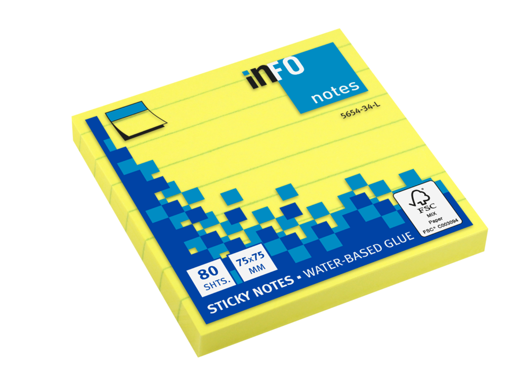 Info Note - lined sticky notes - 75*75 mm, 80 sheets - yellow color