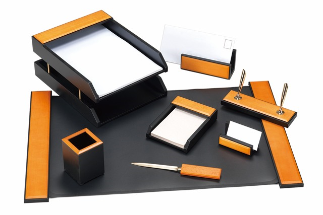 Modern desk set 8 pieces - light wooden brown - black base