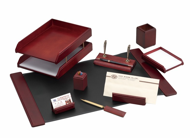 Kong Ping - Dark Red 9 Piece Desk Set - Black Base