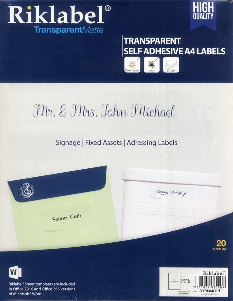 RIKLABEL transparent adhesive label 2 pieces - box of 20 sheets