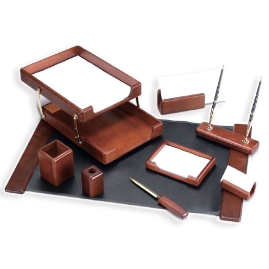 Kong Ping - 9 Piece Dark Wooden Desk Set - Black Base