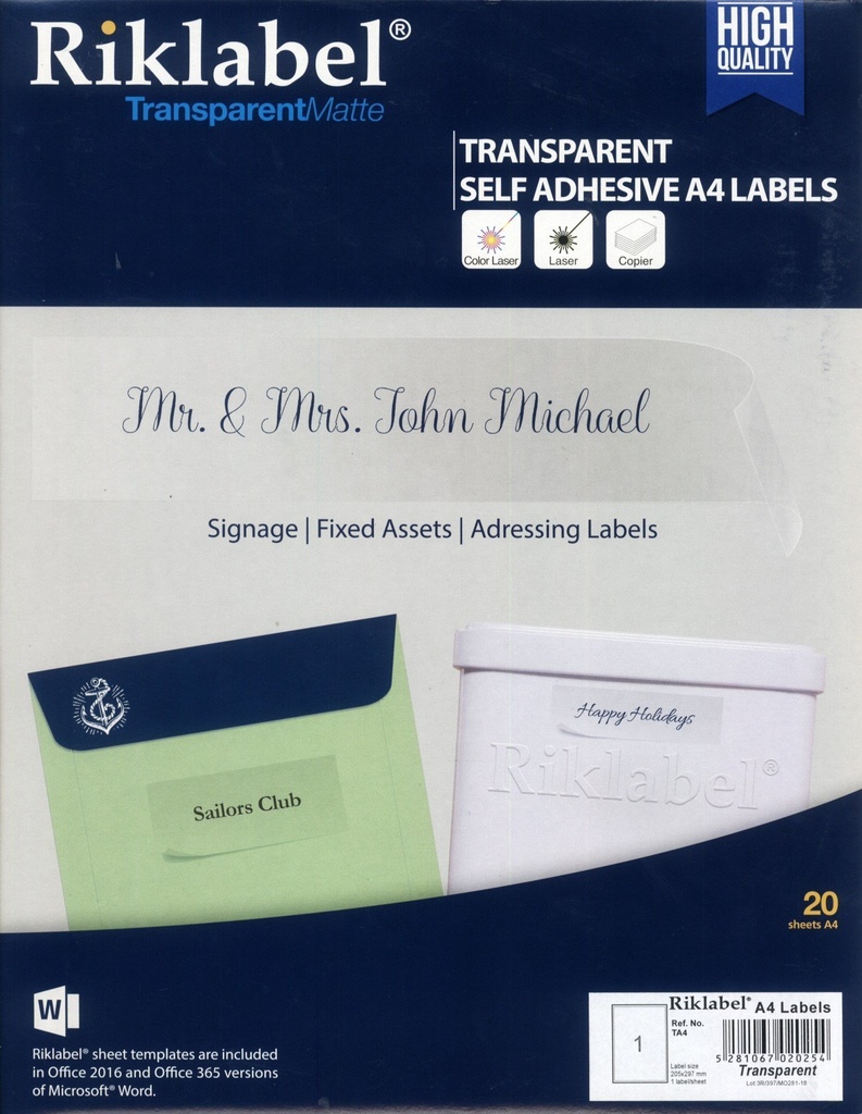 RIKLABEL - Transparent adhesive label, one piece - pack of 20 sheets