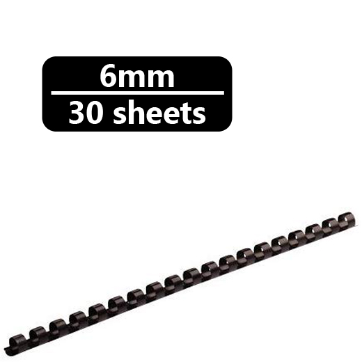 Binder Max Spiral Binding Rings 21 Rings 6mm (20 Sheets) Box Pack of 100 Pieces - Black