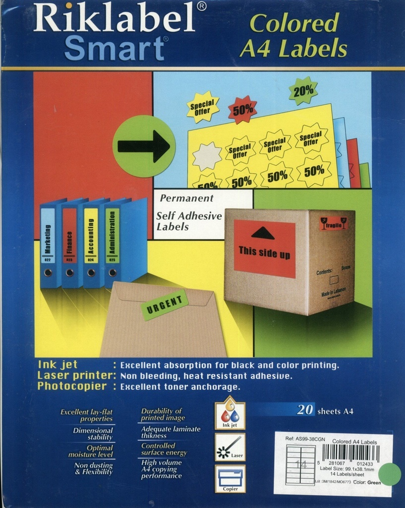 RIKLABEL - Multi-Purpose Labels 14 Pieces Green Color - 99*38mm - 20 Sheet Pack - A4 Size