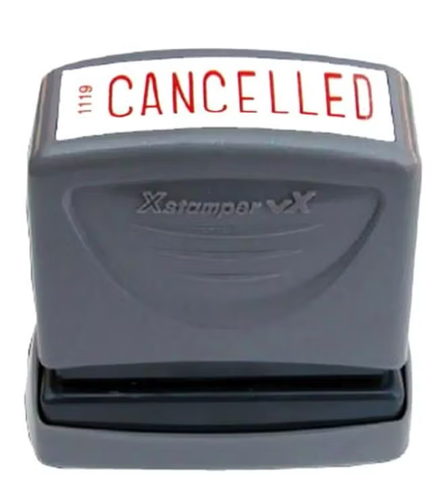 X-Stamper - Inked stamp with the words "Cancelled"