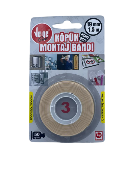 Heavy duty double sided adhesive mounting tape, size 19mm*1.5m