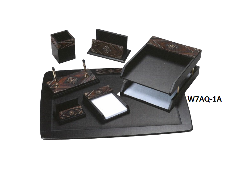 Kong Ping - Dark Brown 7 Piece Desk Set (Two Baskets) - Base Color is Black
