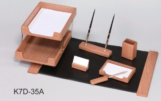 Kong Ping - Light Wooden Basket 7 Piece Desk Set - Base Color Black