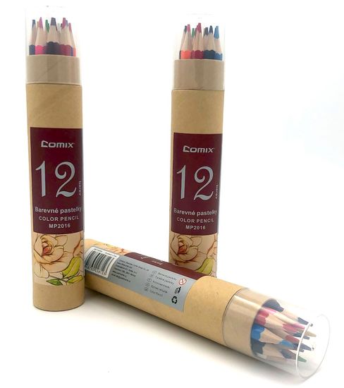 Comex - long wooden crayons, 12 colors, cylindrical paper box