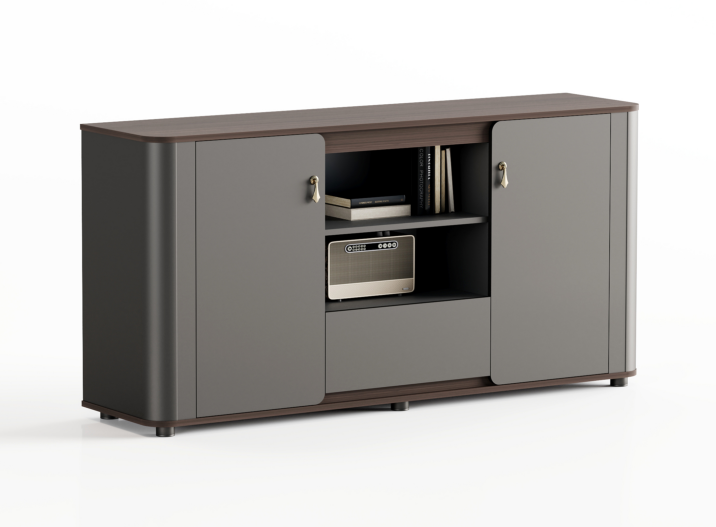 A file cabinet with a distinctive design and luxurious wood