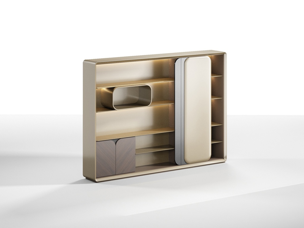 A file cabinet with a distinctive design and luxurious wood