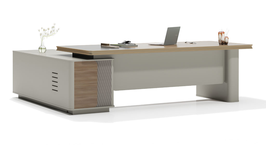 L-shaped desk with metal frame top