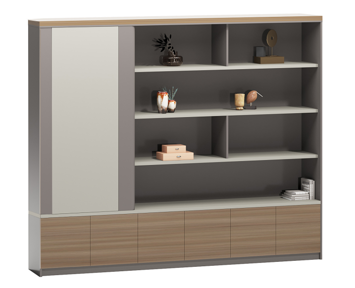 A wooden cabinet for storing files with hidden lighting inside the shelves