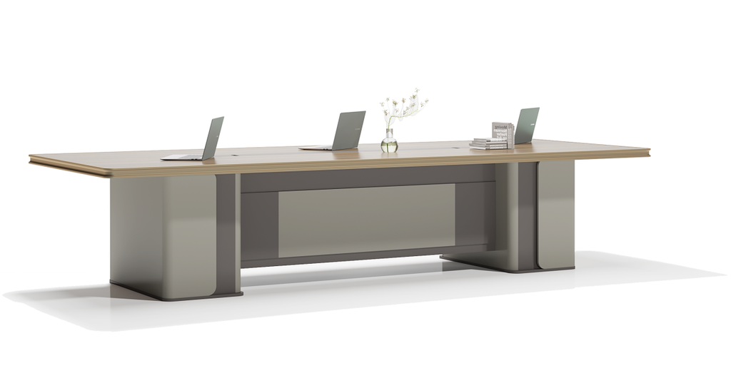 Wooden meeting table with a golden metal frame