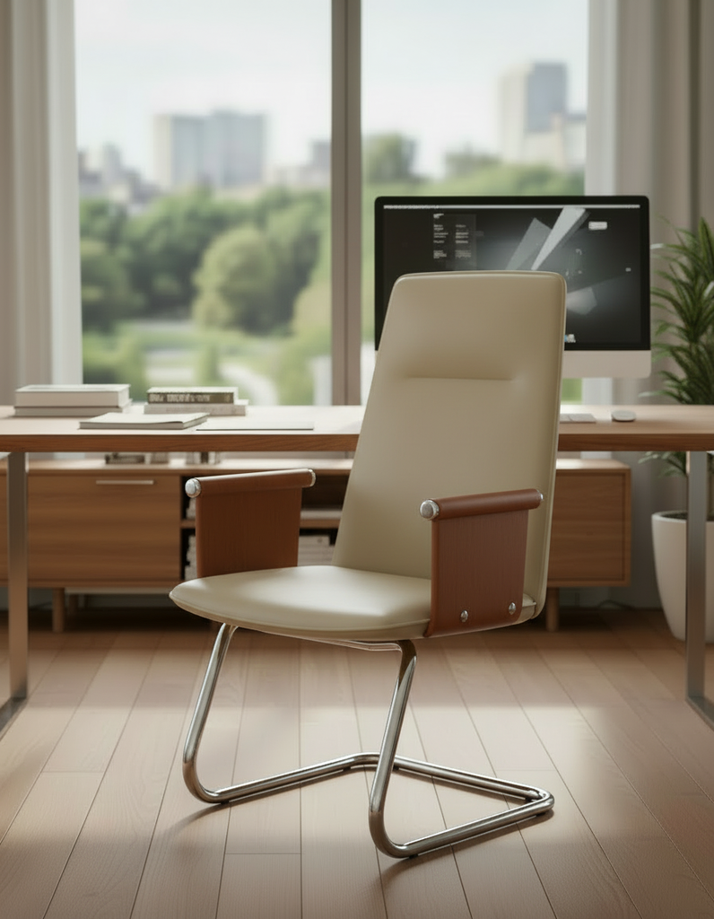 Fixed leather chair, beige color