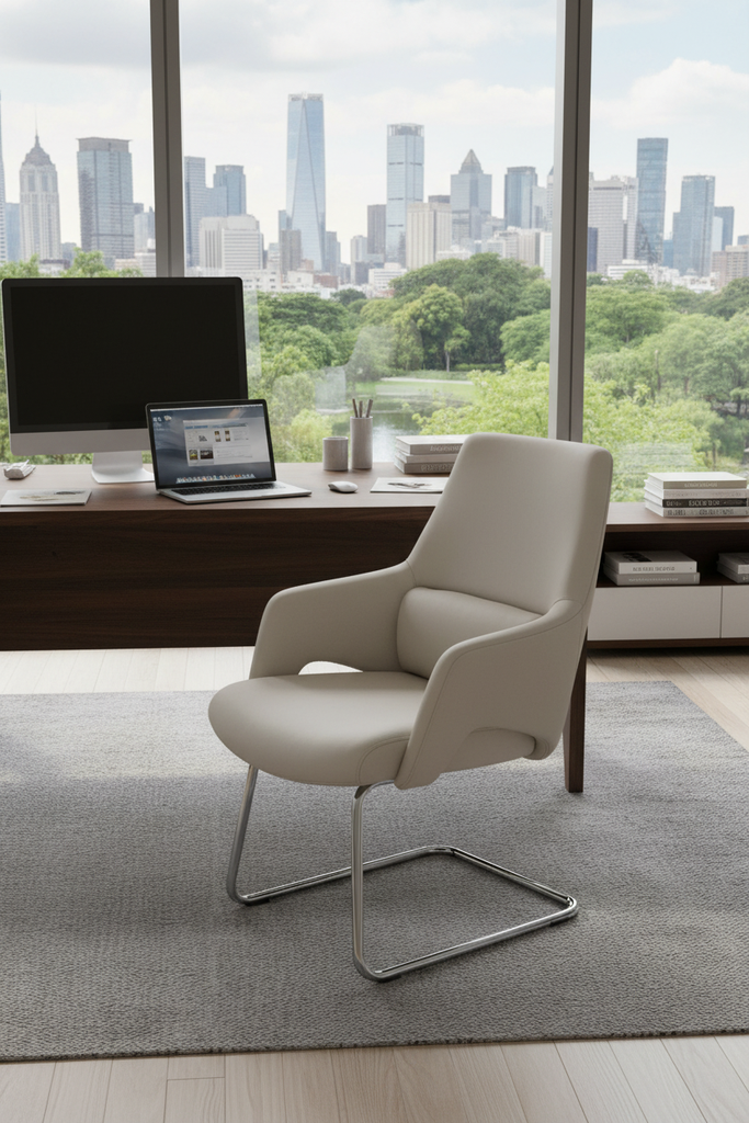 Fixed leather chair, beige color