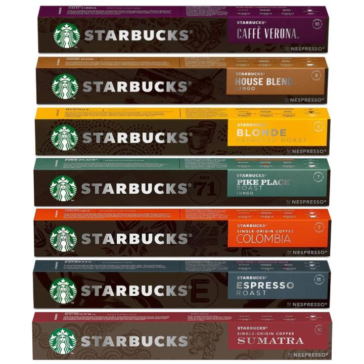 مجموعة كبسولات قهوة ستاربكس 7 عبوات منوعة ( هاوس بليند ، فيرونا ، كولومبيا ، اسبريسو روست ، بلوند روست ، ايتاليان روست و بايك بليس ) - متوافقة مع مكائن نسبريسو - في كل عبوة 10 كبسولات - مستورد