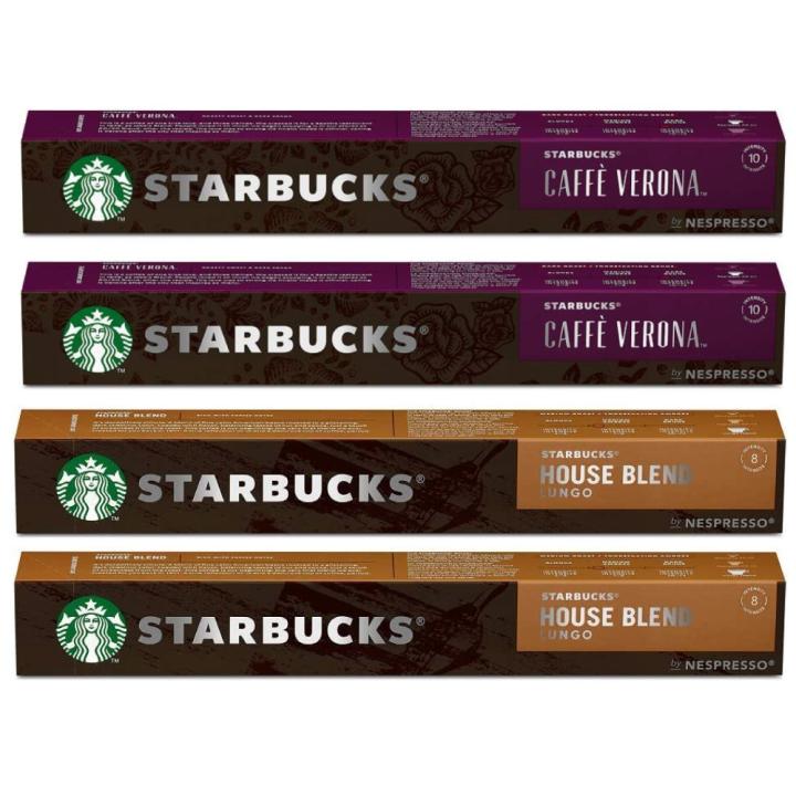 Starbucks coffee capsules set of 4 assorted packages (2 House Blend and 2 Verona) - compatible with Nespresso machines - 10 capsules in each package - imported