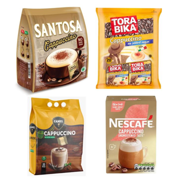 Assorted unsweetened cappuccino set (Santosa Cappuccino Without Added Sugar - 15 gm 20 sachets) + (Camel Cappuccino Without Added Sugar 12.5 gm - 20 sachets) + (Nescafe Unsweetened Cappuccino - 7 sachets) + (Torbica Cappuccino
