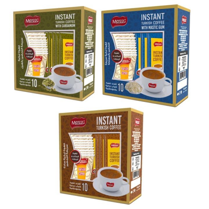 Mirko Instant Turkish Coffee Set - 10 coffee sachets + 10 paper cups and 10 wooden spoons - 3 packages (plain, with cardamom and mastic)