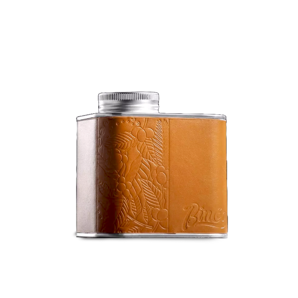 Metal coffee bean holder | Luxury leather covering capacity of 100 grams