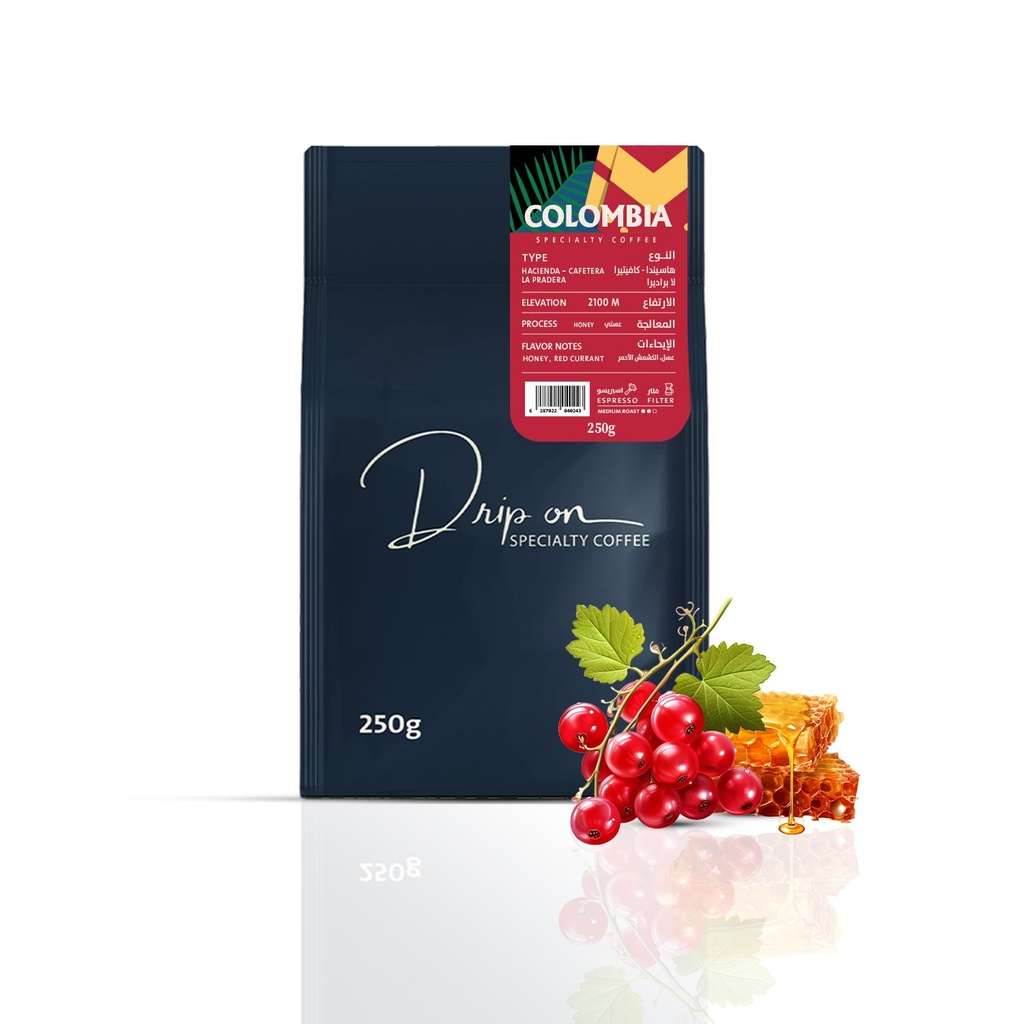 دريب اون كولومبيا هاسيندا كافيتيرا لابراديرا حلاوة عالية بايحاءات العسل والمكسرات والمشمش الاحمر معالج بالطريقة العسلية