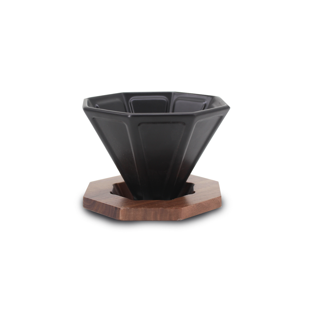 Heat-resistant ceramic funnel with a fine wood base, suitable for one to four cups