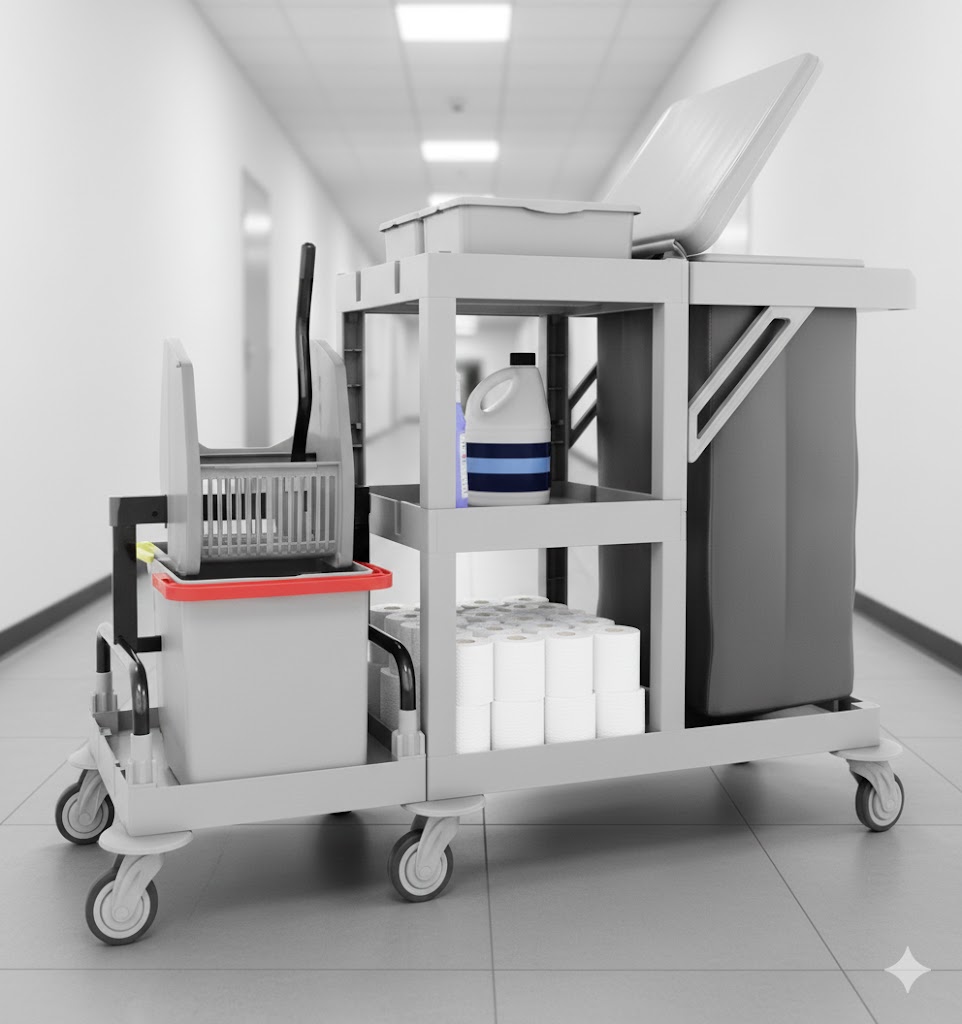 Open public service cleaning trolley with juicer, Jantex JP254010