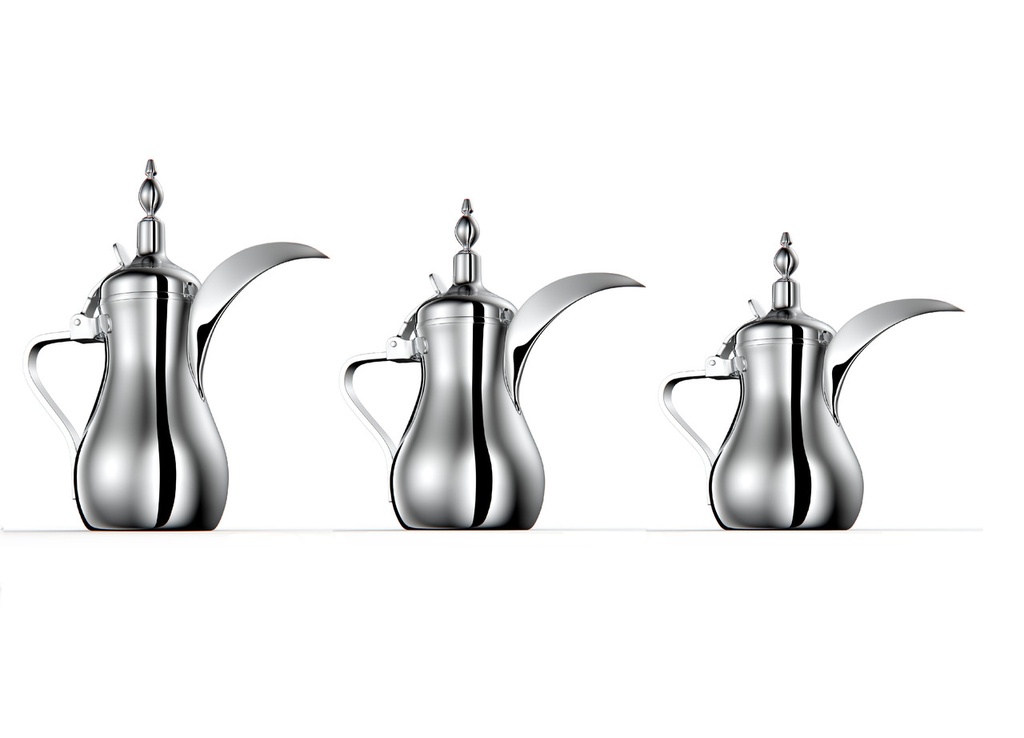 Al Saif Dallah No. (1) with an elegant traditional design, ideal for preparing and serving Arabic coffee - Chrome - Set 26/32/48 ounces