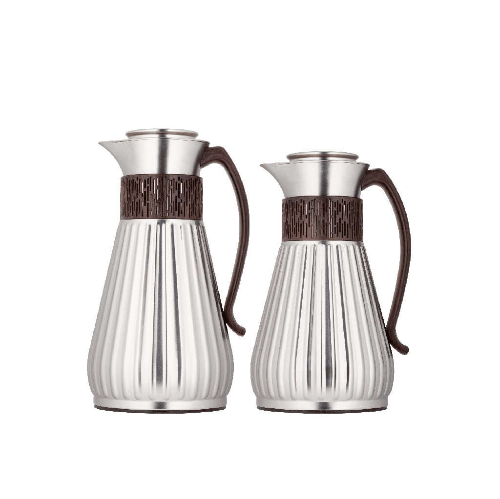 Azza thermos set for coffee and tea, two pieces from Al Saif, capacity 1.0/0.7 liters / elegant design to suit all tastes / made to preserve heat - matte nickel, wooden handle
