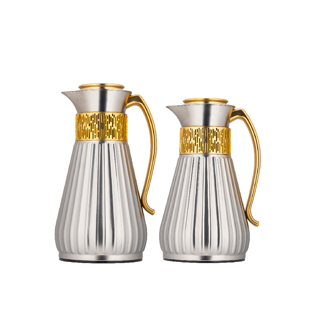 طقم ترمس عزة للقهوة والشاي قطعتين من السيف سعة 1.0/0.7 لتر / تصميم أنيق يناسب جميع الأذواق / مصنوع للحفاظ على حرارة - نيكل ذهبي مطفي