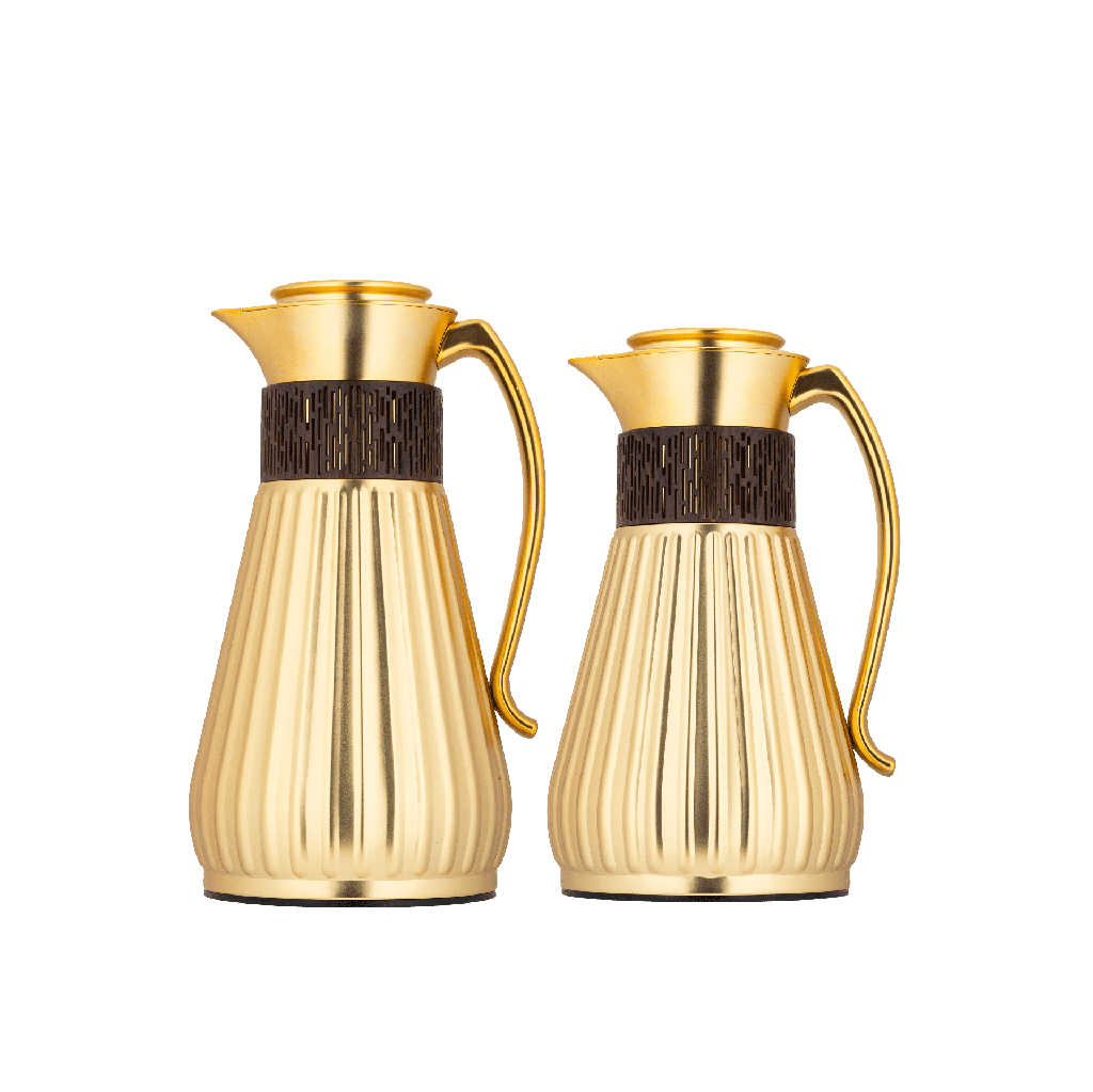 Azza thermos set for coffee and tea, two pieces from Al Saif, capacity 1.0/0.7 liters / elegant design to suit all tastes / made to preserve heat - wooden matte gold