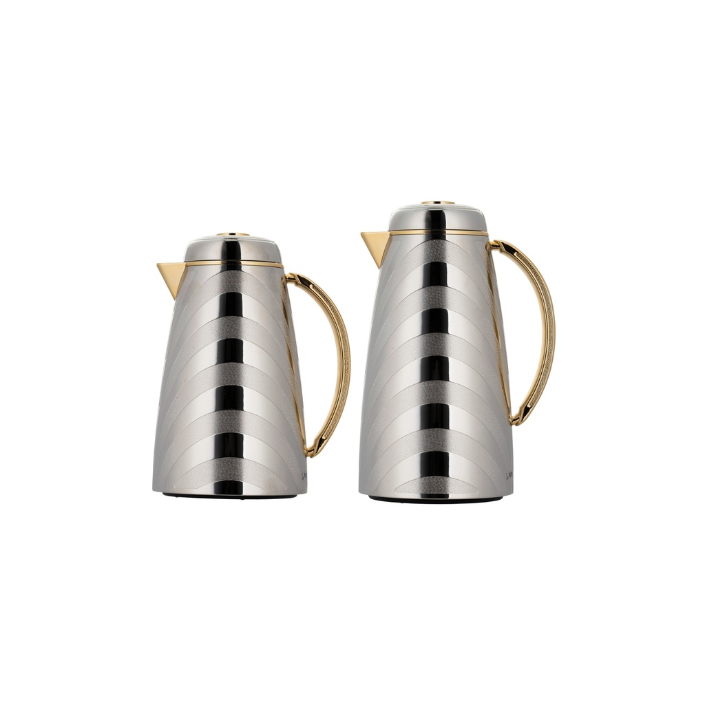 Rafif thermos set for coffee and tea, two pieces from Al Saif, capacity 1.0/0.7 liters / Elegant design to suit all tastes / Made to preserve the heat of drinks for long hours - Nickel/Gold