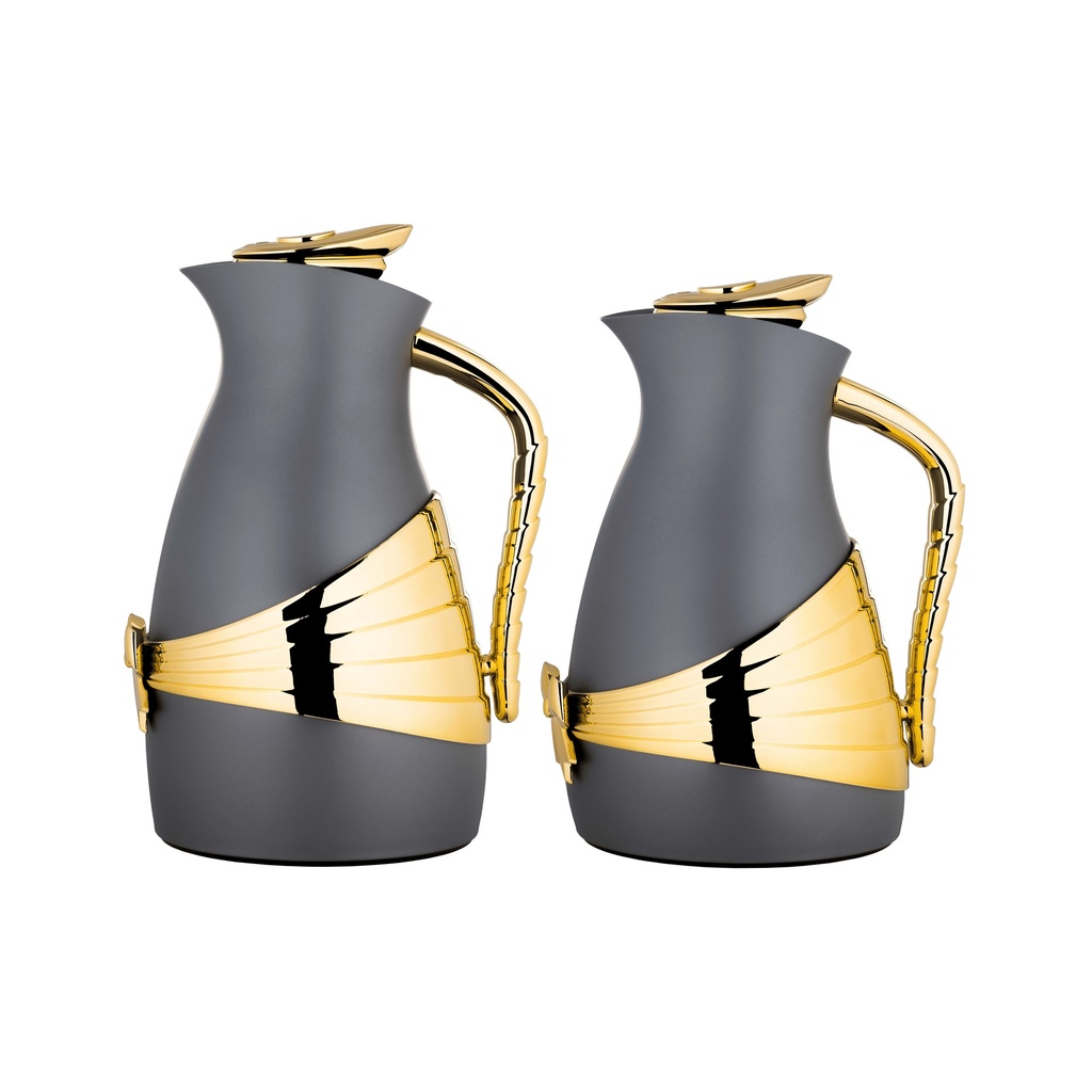 Mias 2-piece thermos set for coffee and tea from Al Saif / Elegant design that suits all tastes / Made to maintain the heat of drinks for long hours - dark gray/gold - 0.7/1.0 liters