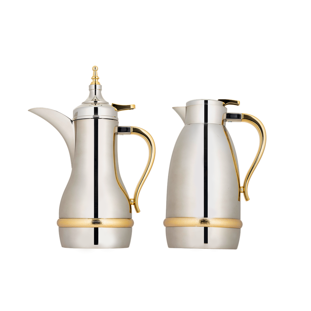 Zahwa thermos set for coffee and tea, two pieces from Al Saif, capacity 1.0/0.7 liters / elegant design to suit all tastes / made to preserve heat - nickel gold