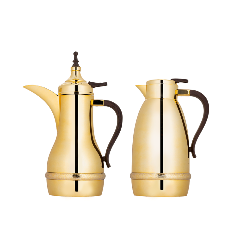 Zahwa thermos set for coffee and tea, two pieces from Al Saif, capacity 1.0/0.7 liters / elegant design to suit all tastes / made to preserve heat - golden wooden handle