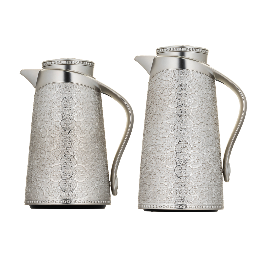Zeina thermos set for coffee and tea, two pieces from Al Saif, capacity 1.0/0.7 liters / Elegant design to suit all tastes / Made to preserve heat - matte nickel