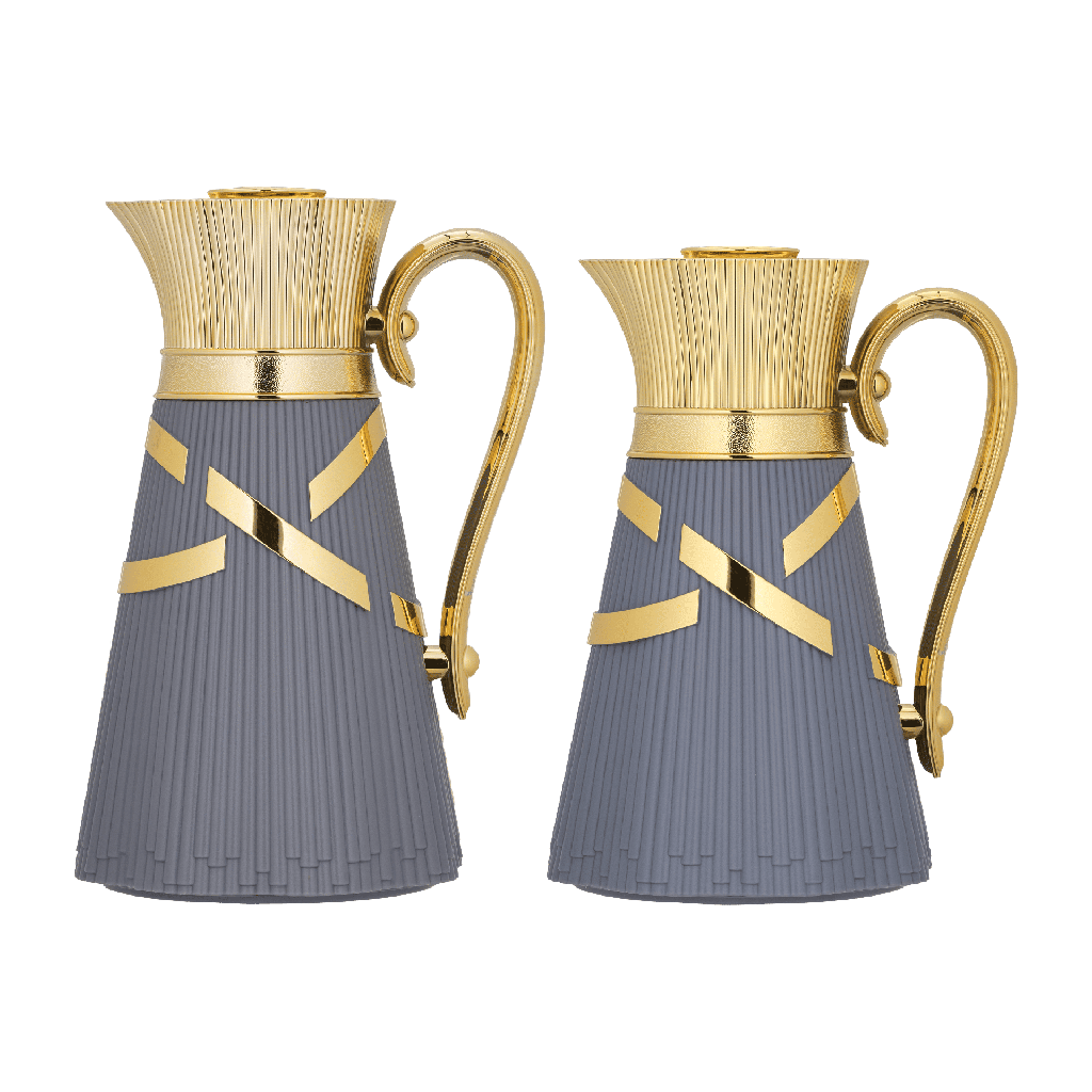 Two-piece Nagham coffee and tea set from Al Saif / Elegant design that suits all tastes / Made to maintain the heat of drinks for long hours / Ideal for daily use at home or office / Multi-color - dark gray/gold
