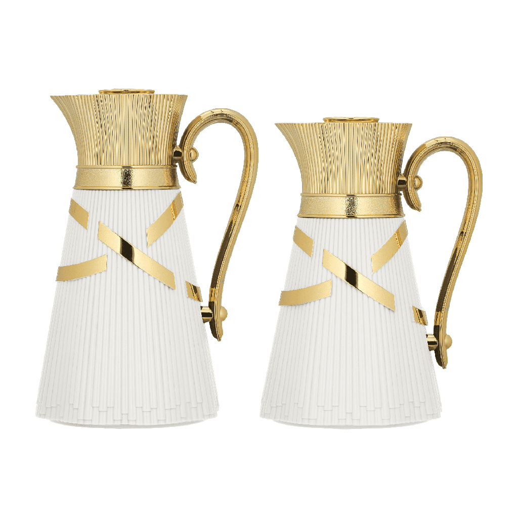 Two-piece Nagham coffee and tea set from Al Saif / Elegant design to suit all tastes / Made to maintain the heat of drinks for long hours / Ideal for daily use at home or office / Multi-color - Ivory/Gold