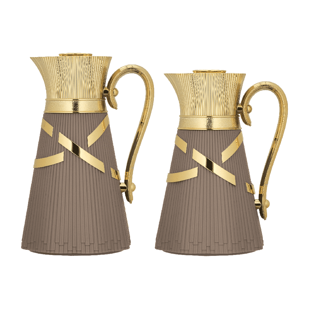 Two-piece Nagham coffee and tea set from Al Saif / Elegant design to suit all tastes / Made to maintain the heat of drinks for long hours / Ideal for daily use at home or office / Multi-color - brown/gold
