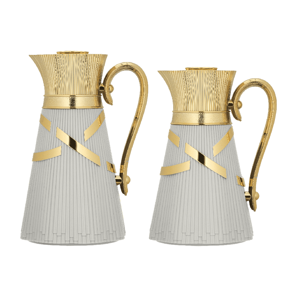 Two-piece Nagham coffee and tea set from Al Saif / Elegant design that suits all tastes / Made to maintain the heat of drinks for long hours / Ideal for daily use at home or office / Multi-color - gray/gold