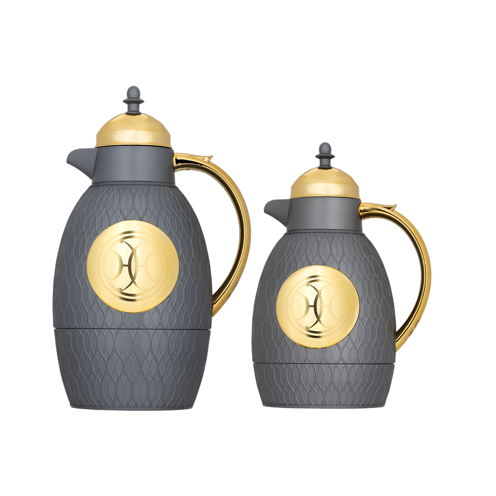 Two-piece Lamsa set for coffee and tea from Al Saif / Elegant design that suits all tastes / Made to maintain the heat of drinks for long hours / Ideal for daily use at home or office / Multi-color - dark gray/gold
