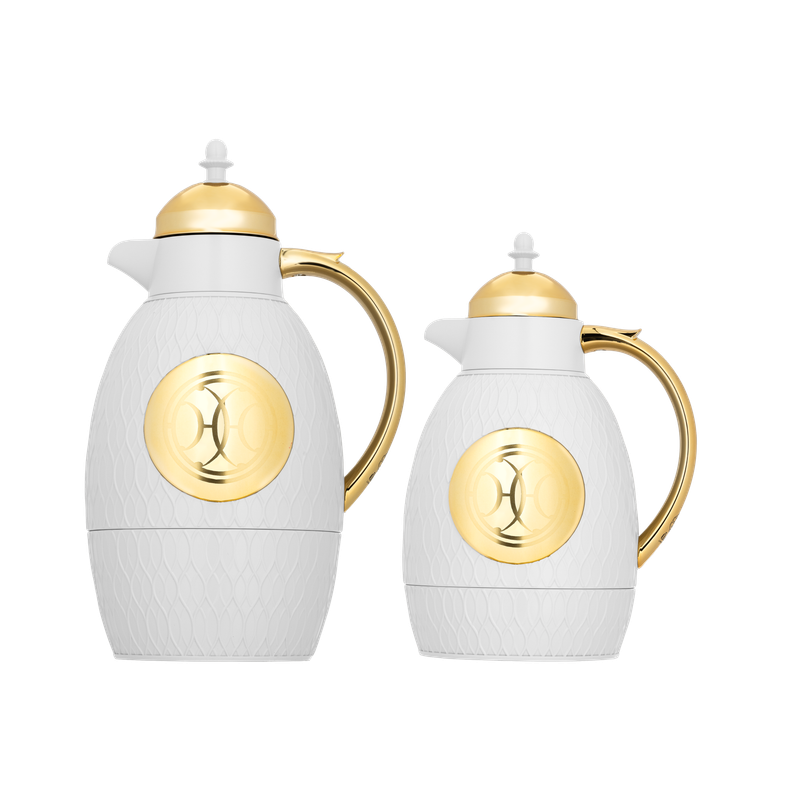 Two-piece Lamsa coffee and tea set from Al Saif / Elegant design that suits all tastes / Made to maintain the heat of drinks for long hours / Ideal for daily use at home or office / Multi-color - Ivory/Gold
