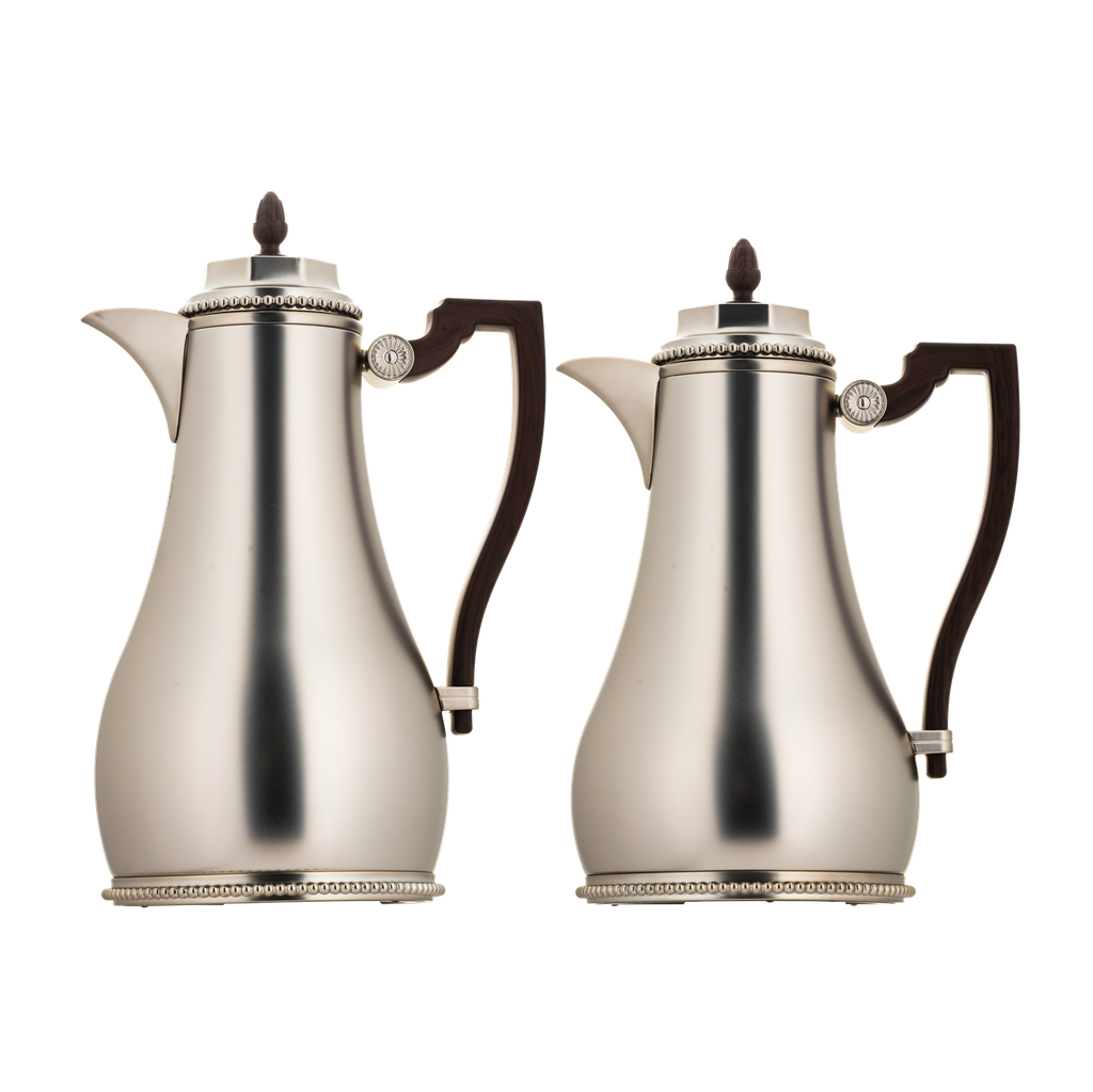 Shadan thermos set for coffee and tea, two pieces from Al Saif, capacity 1.0/0.7 liters / Elegant design that suits all tastes / Made to preserve the heat of drinks for long hours - wooden matte nickel - 1.0/0.75 liters