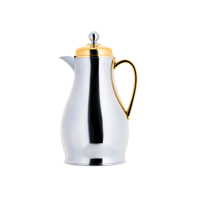Nawahil Thermos for Tea from Al Saif / Elegant design that suits all tastes / Made to maintain the heat of drinks for long hours - Chrome/Gold - 0.75 liters
