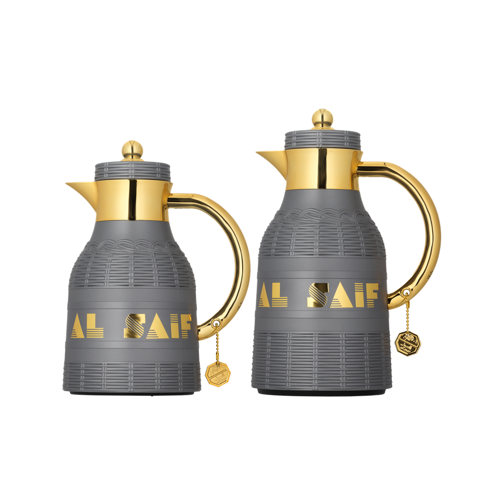 Two-piece coffee and tea set from Al Saif / Elegant design to suit all tastes / Made to maintain the heat of drinks for long hours / Ideal for daily use at home or office / Multi-colored - dark gray/gold