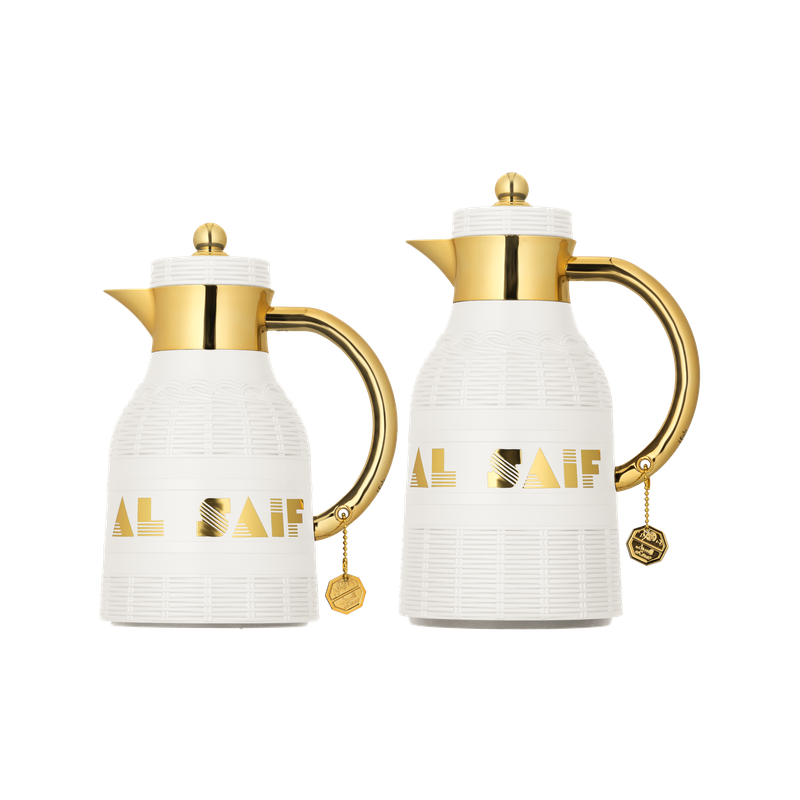 Two-piece Talah coffee and tea set from Al Saif / Elegant design to suit all tastes / Made to maintain the heat of drinks for long hours / Ideal for daily use at home or office / Multi-color - Ivory/Gold