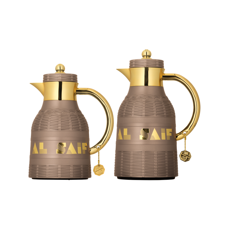 Two-piece Talah coffee and tea set from Al Saif / Elegant design to suit all tastes / Made to maintain the heat of drinks for long hours / Ideal for daily use at home or office / Multi-colored - brown/gold
