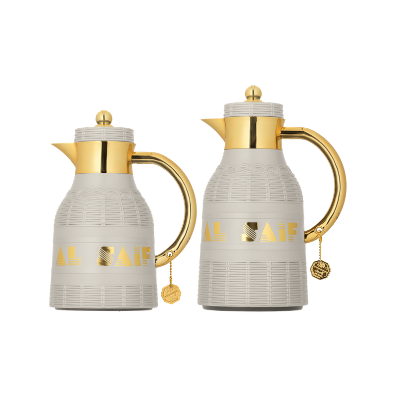 Two-piece coffee and tea set from Al Saif / Elegant design to suit all tastes / Made to maintain the heat of drinks for long hours / Ideal for daily use at home or office / Multi-color - gray/gold