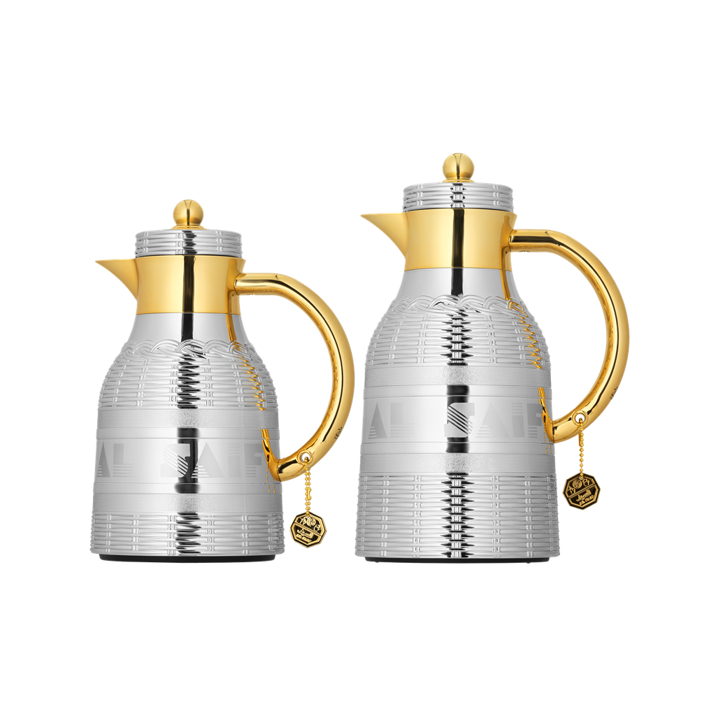 Two-piece coffee and tea set from Al Saif / Elegant design to suit all tastes / Made to maintain the heat of drinks for long hours / Ideal for daily use at home or office / Multi-colored - nickel/gold